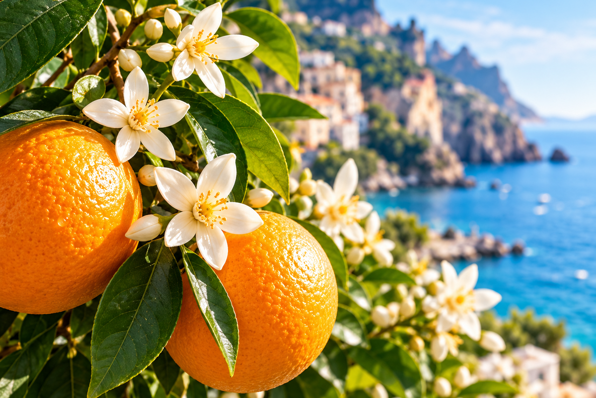 Close-up of bright orange oranges and white citrus blossoms on a tree, with a blurred coastal town and blue sea in the background.