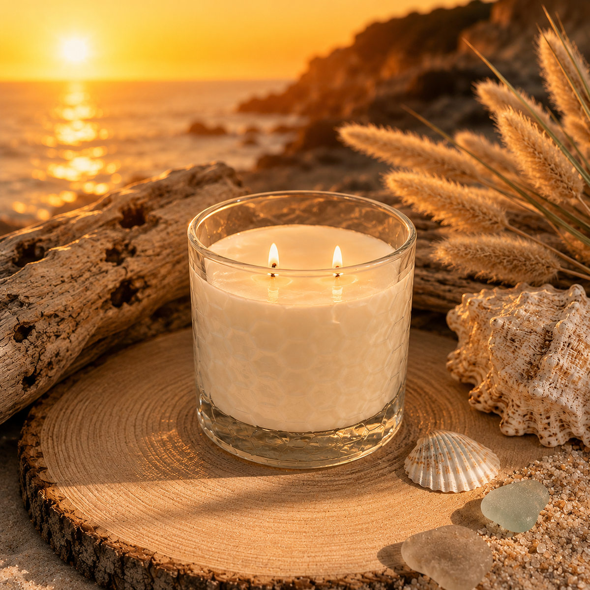 A lit double-wick candle in a clear glass jar sits on a round wood slice at the beach, surrounded by driftwood, seashells, sand, and a warm sunset over the ocean.