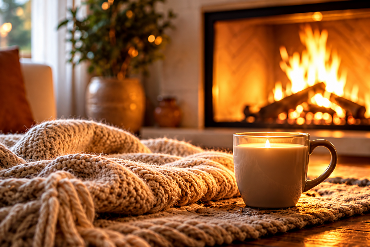 A warm, cozy living room scene with a glowing fireplace in the background, a thick cream knit blanket draped across the foreground, and a lit cream ceramic mug sitting on a woven rug.