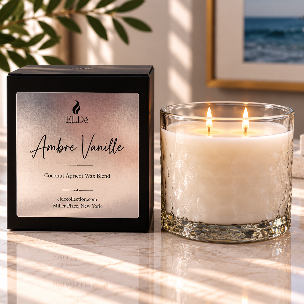 A two-wick candle in a clear glass jar sits beside its black rectangular box on a sunlit marble surface. The box label reads 'ELDA' and 'Ambre Vanille'.