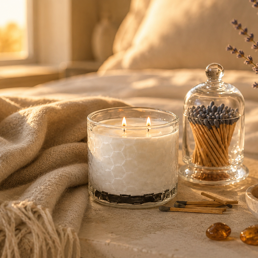 A lit white candle in a clear glass jar sits on a table beside a glass cloche filled with matches, with a beige throw blanket, a small vase of dried lavender, and amber stones in a warm, softly lit room.