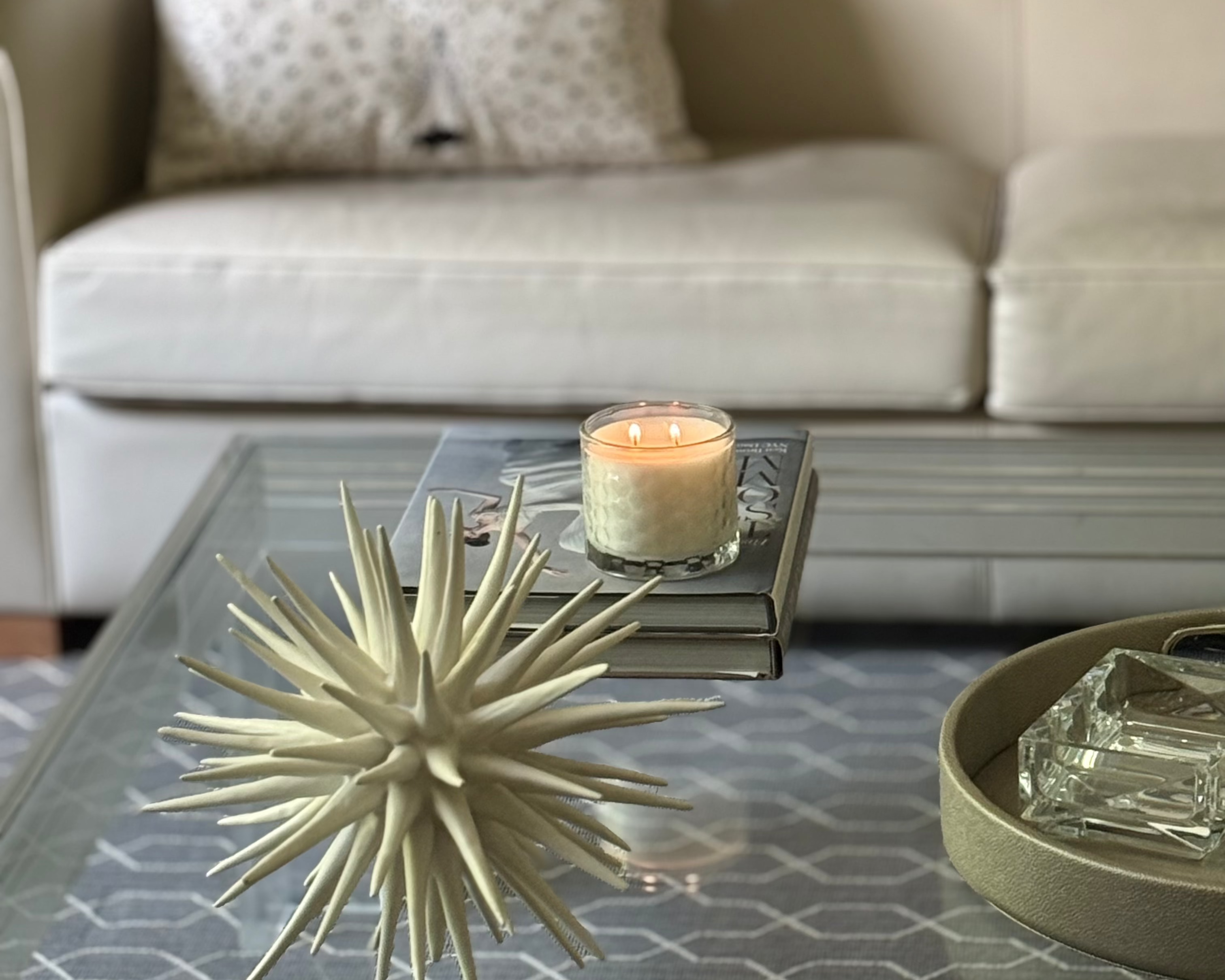 HexaGlow Candle - Cabana Daydream scent, front view with hexagon design