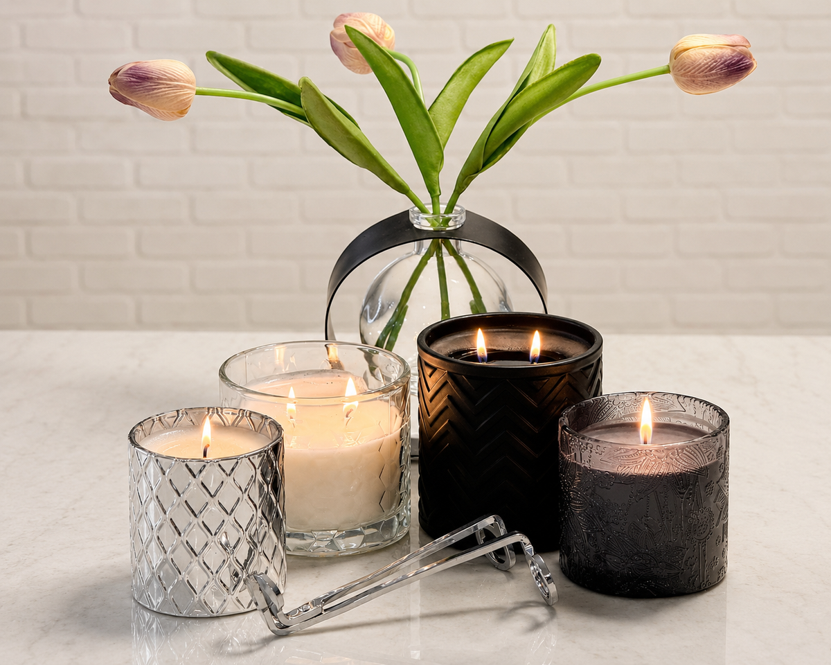 Four lit candles in glass holders arranged on a white surface with a white brick wall background. The set includes a silver faceted candle holder, a clear glass candle holder, a black chevron candle holder, and a dark charcoal textured candle holder, with tulip stems in a clear vase behind them.