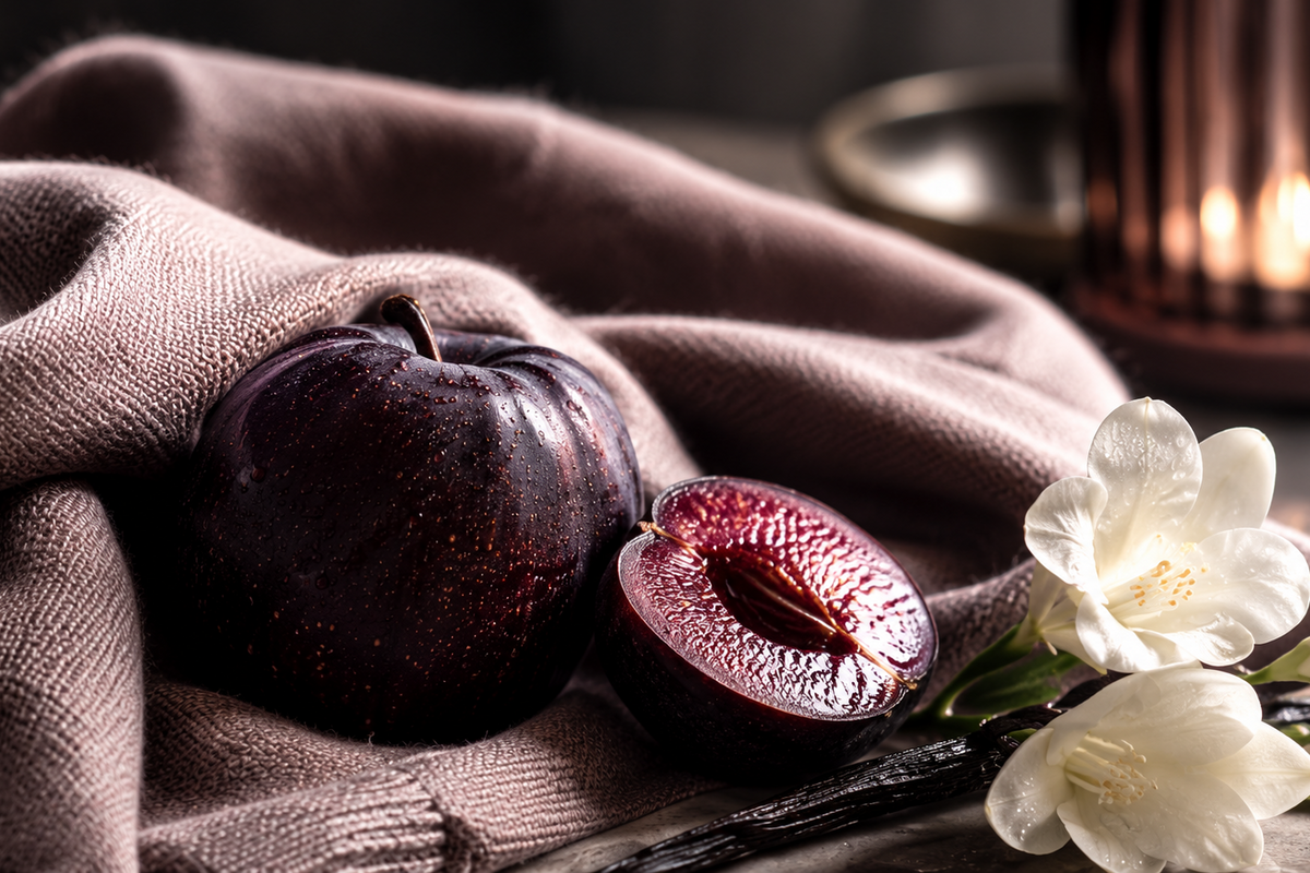 A whole and halved dark purple plum resting on a draped taupe fabric, with white flowers and a blurred warm candle in the background.