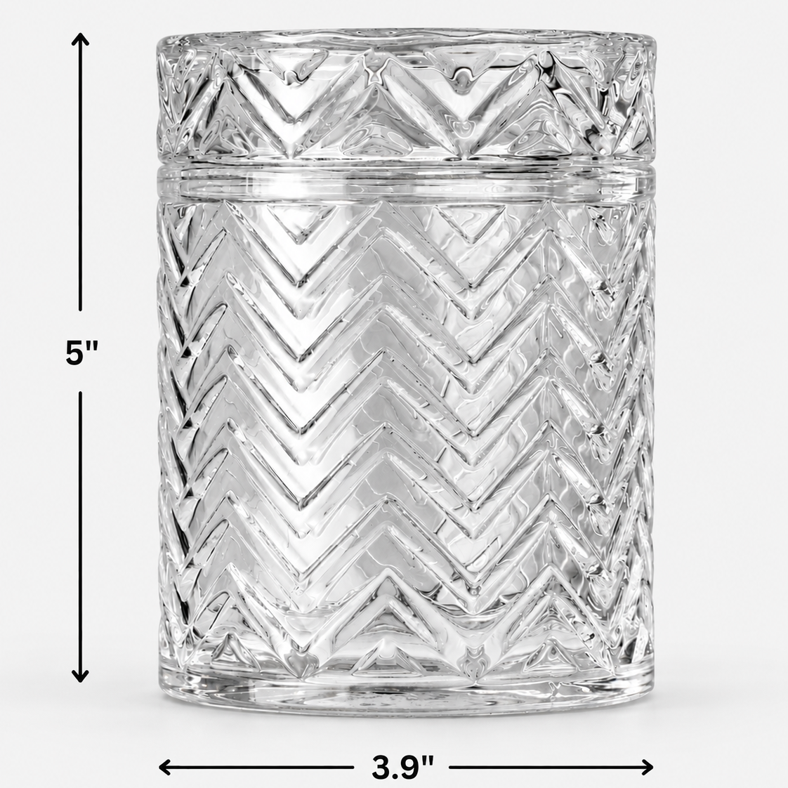 Clear Celeste candle vessel with matching chevron-patterned glass lid, shown with dimensions of 5 inches tall and 3.9 inches wide.