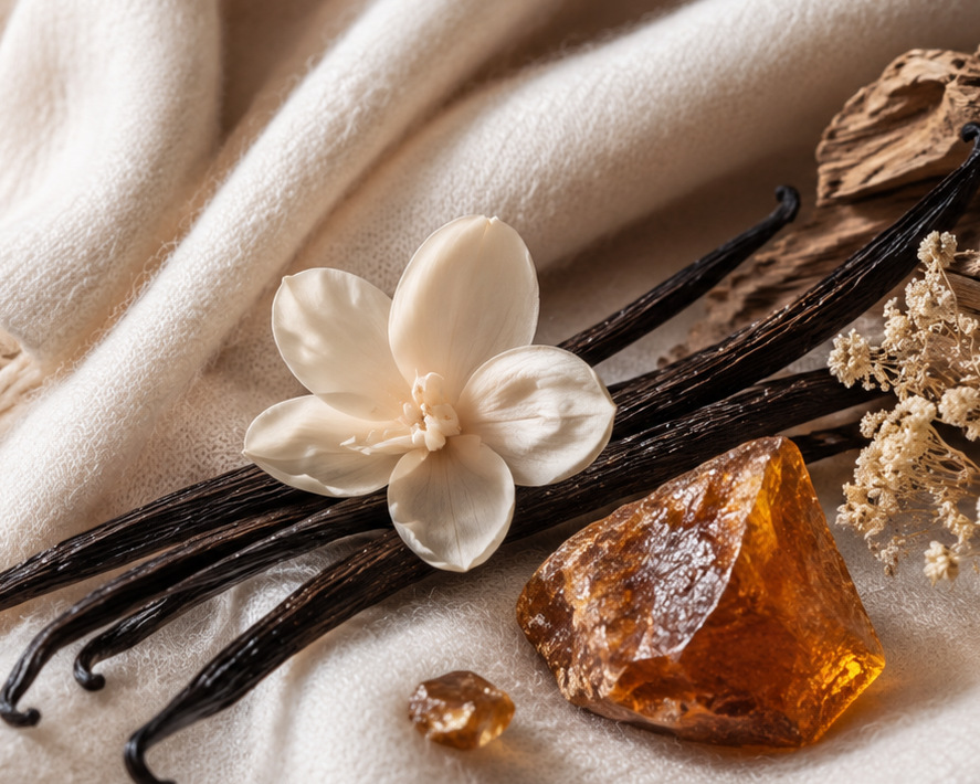 A styled flat-lay featuring vanilla beans, a white vanilla blossom, amber resin, dried flowers, and driftwood arranged on a soft cream-colored fringed textile.