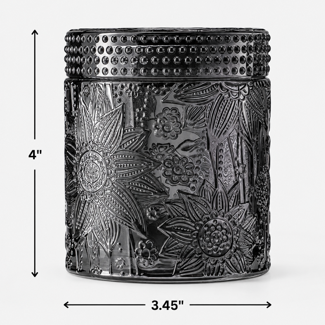 Smoky black Night Bloom candle vessel with matching textured glass lid, shown with dimensions of 4 inches tall and 3.45 inches wide.