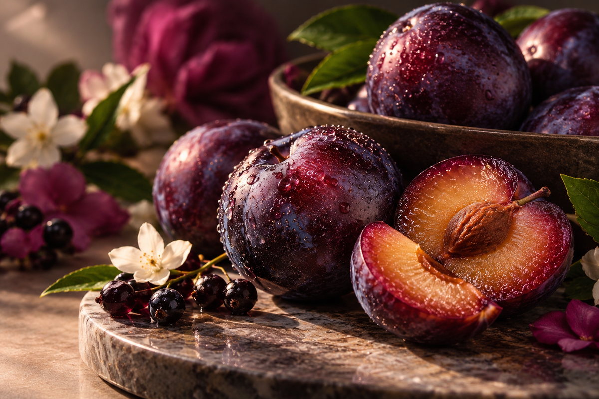 Fresh plums with one halved plum showing the pit, glistening with water droplets, arranged on a stone board with a bowl of plums in the background, accented by small white flowers and dark berries.