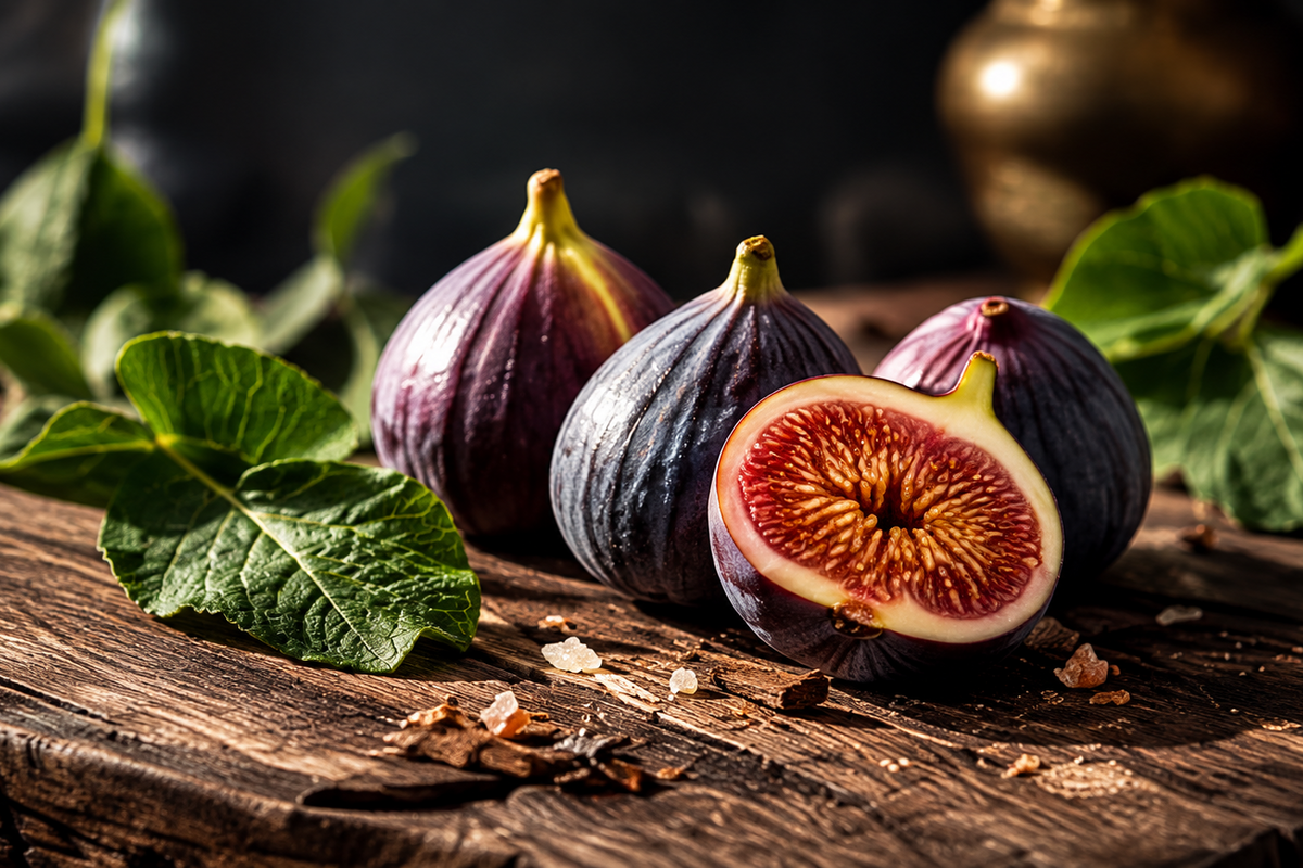 Four fresh figs on a rustic wooden surface, with one fig cut in half to show the pinkish-red interior. Green leaves and coarse salt are scattered around them, with a dark, softly blurred background.