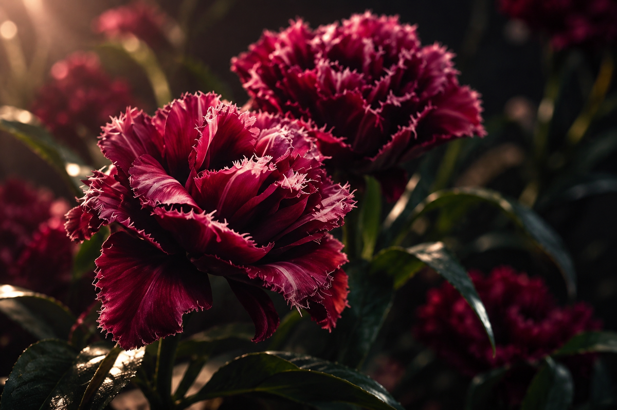 A close-up photograph of a dark magenta ruffled carnation flower with green leaves, set against a dark, softly blurred background with warm light rays.