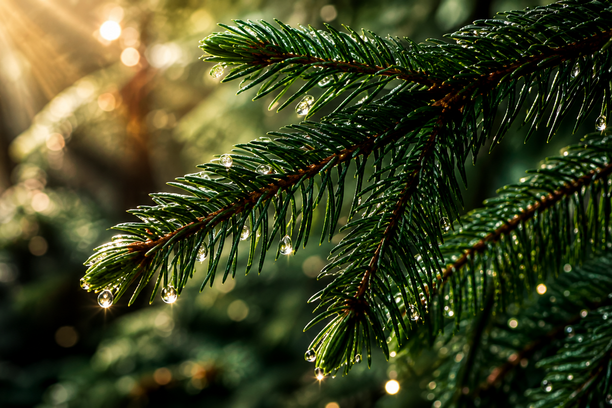 Close-up of green evergreen tree branches with water droplets, backlit by warm golden sunlight and soft bokeh in the background.