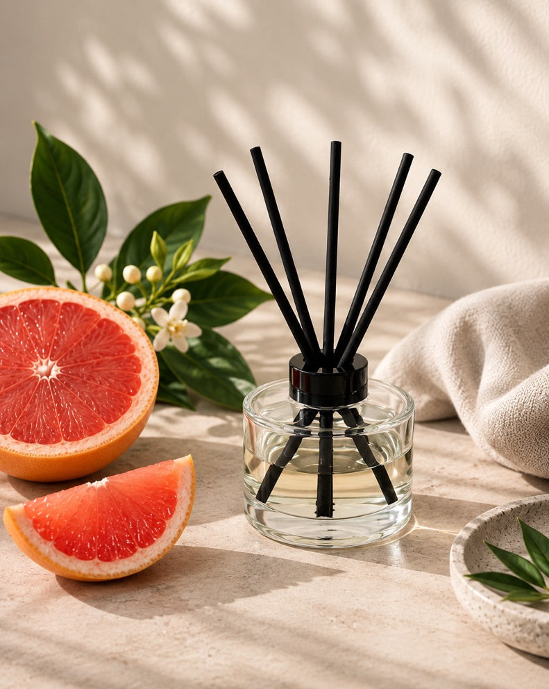 A clear glass reed diffuser bottle with black reeds and a black cap, styled on a light stone surface with grapefruit slices, green leaves, white blossoms, and a beige cloth in soft natural light.