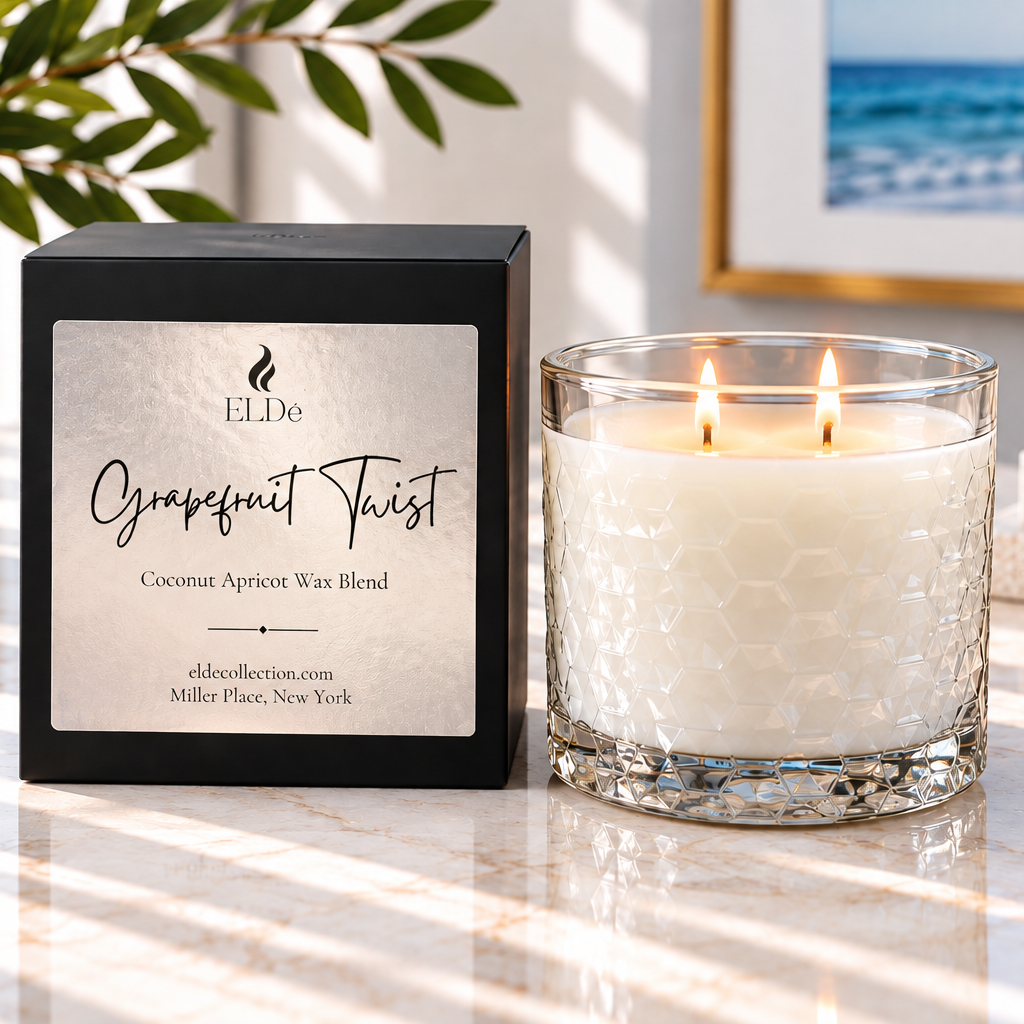 A lit double-wick candle in a clear textured glass jar sits beside its black retail box labeled 'ELDe Grapefruit Twist' on a marble surface. The scene is styled with a plant, framed ocean art, and books in a bright indoor setting.