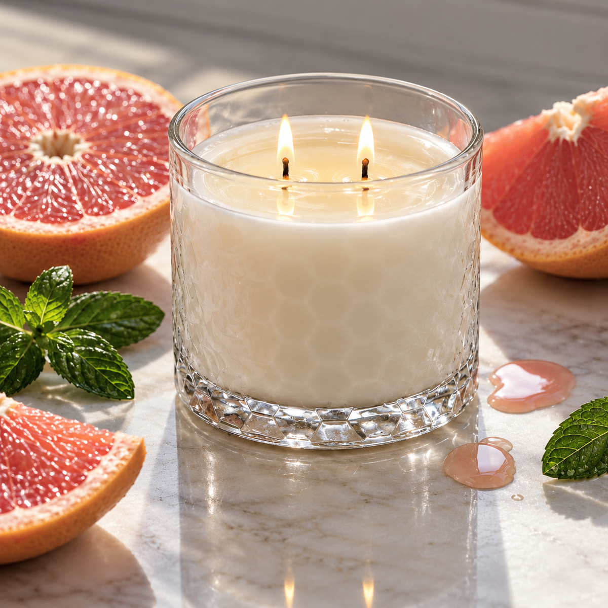 Grapefruit Twist HexaGlow candle with fresh grapefruit and mint in a sunlit setting