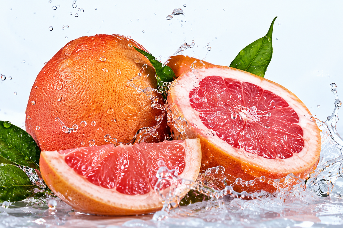 cut grapefruit with splash of water and mint leaves
