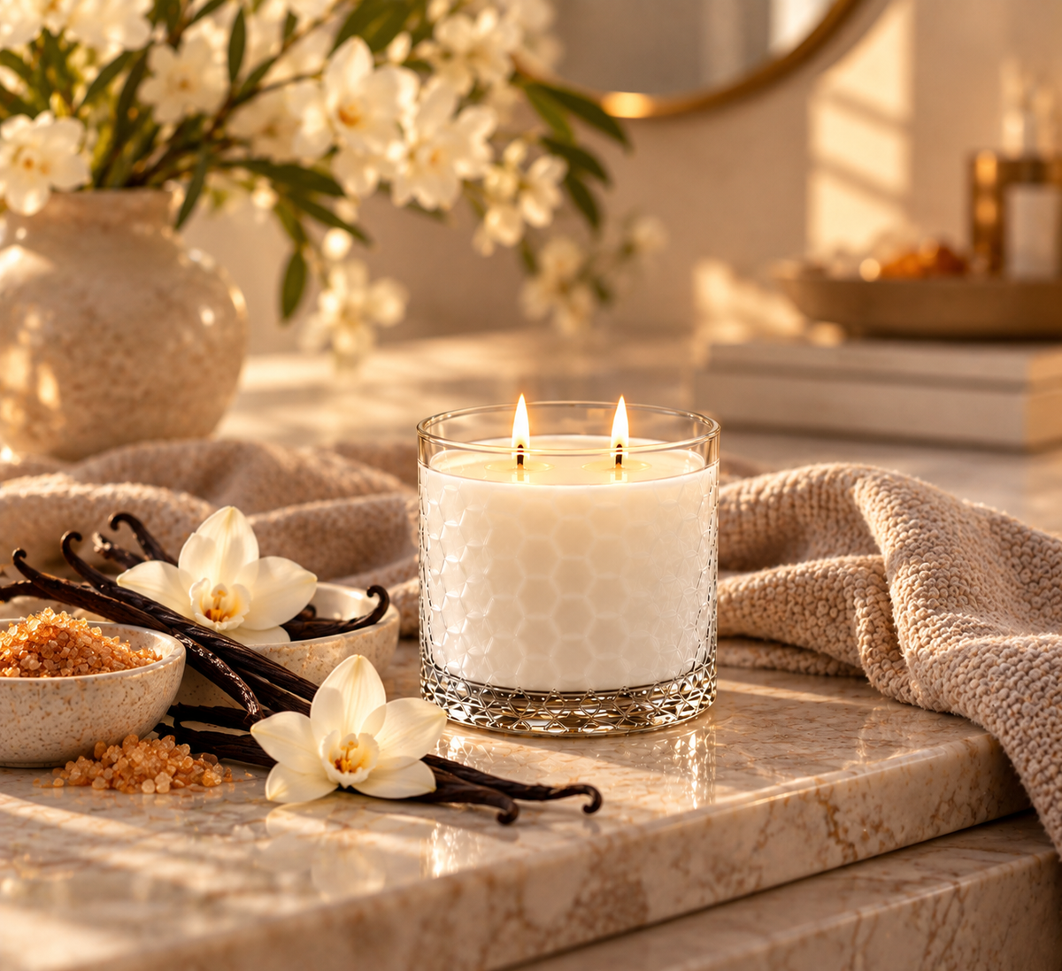 Ambre Vanille HexaGlow candle with vanilla beans and white orchids in a warm sunlit setting