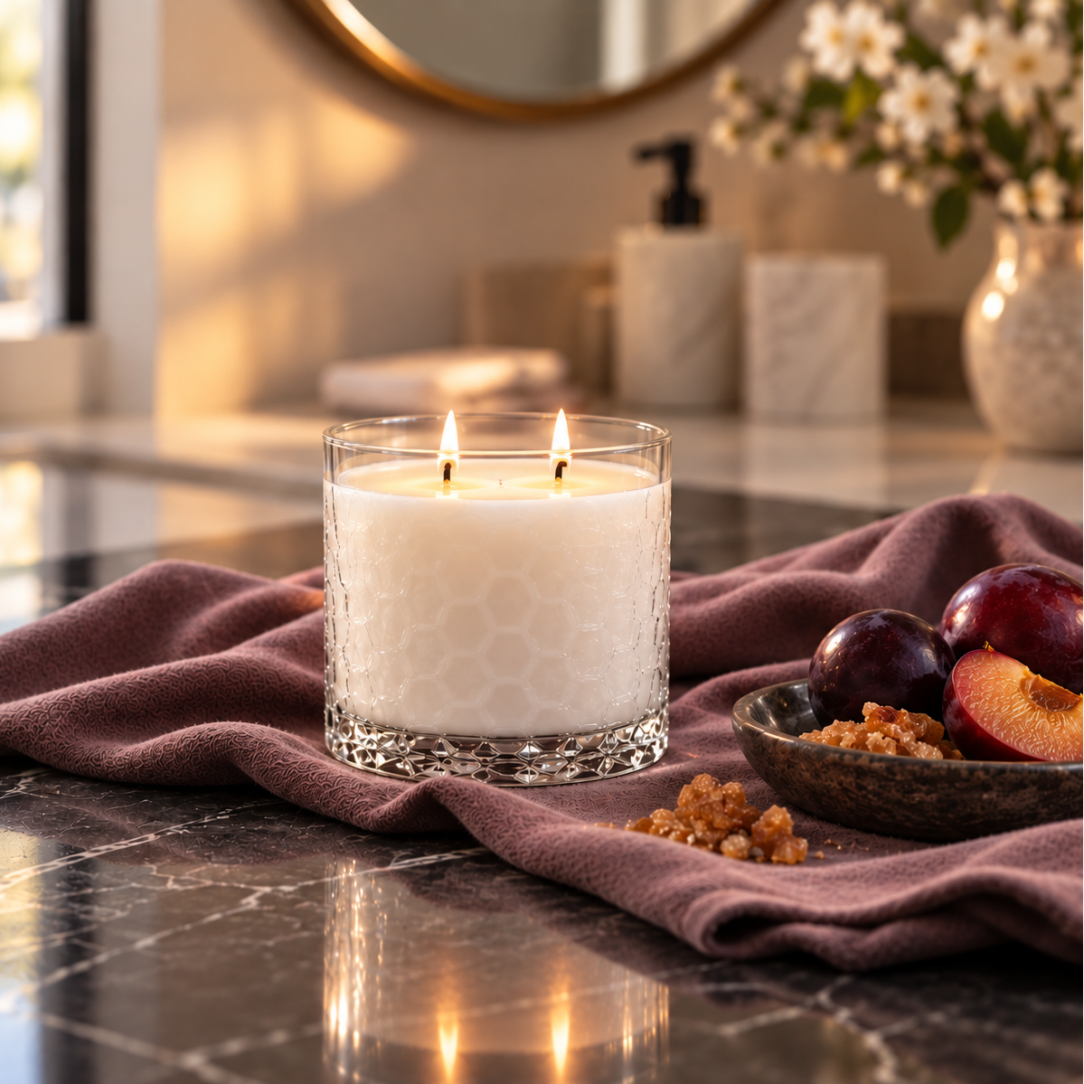 Cashmere Suede HexaGlow candle with plums and mauve cashmere in a warm sunlit setting