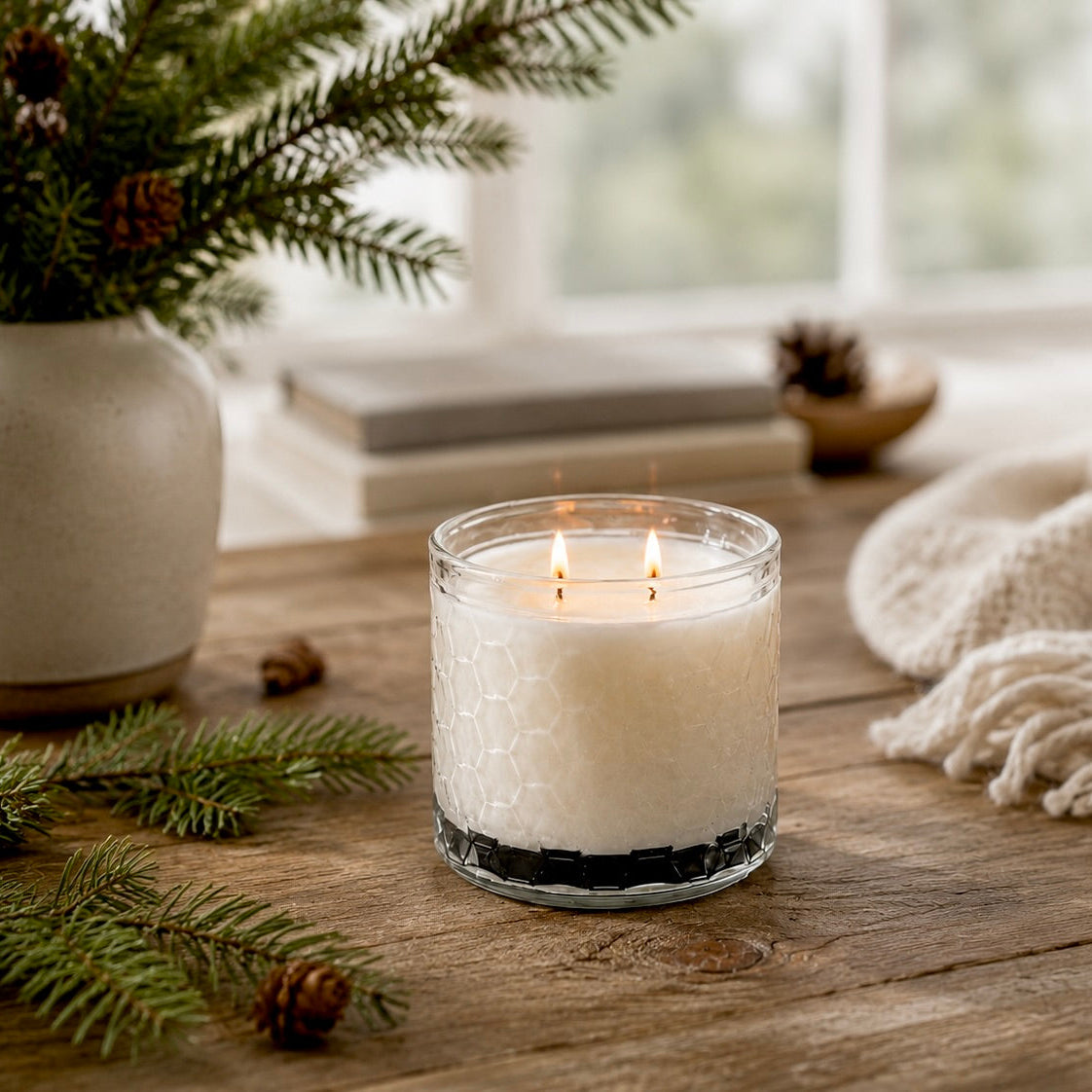 A lit white candle in a clear glass jar with a black textured base sits on a rustic wooden table, surrounded by pine branches, a cream ceramic vase, a knitted throw blanket, and a softly blurred window background.