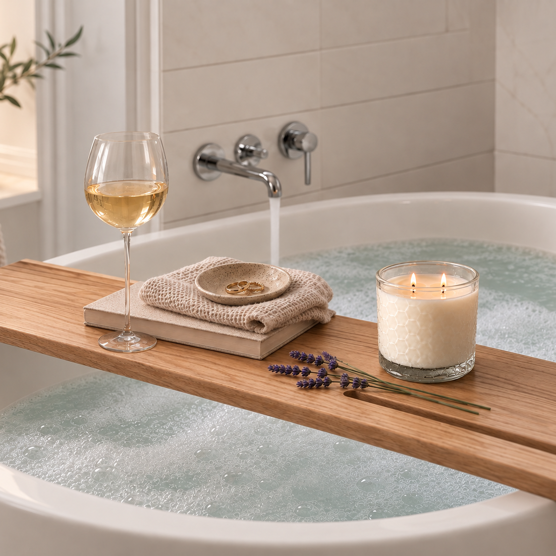 Two-wick candle glowing on a wooden bath tray beside a glass of wine, lavender, and folded towels over a warm, relaxing bubble bath.