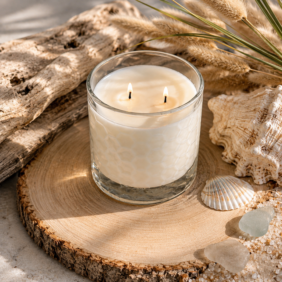 A double-wick candle in a clear glass jar sits on a rustic wood slice surrounded by seashells, sea glass, driftwood, and dried grass in a beach-inspired setting.