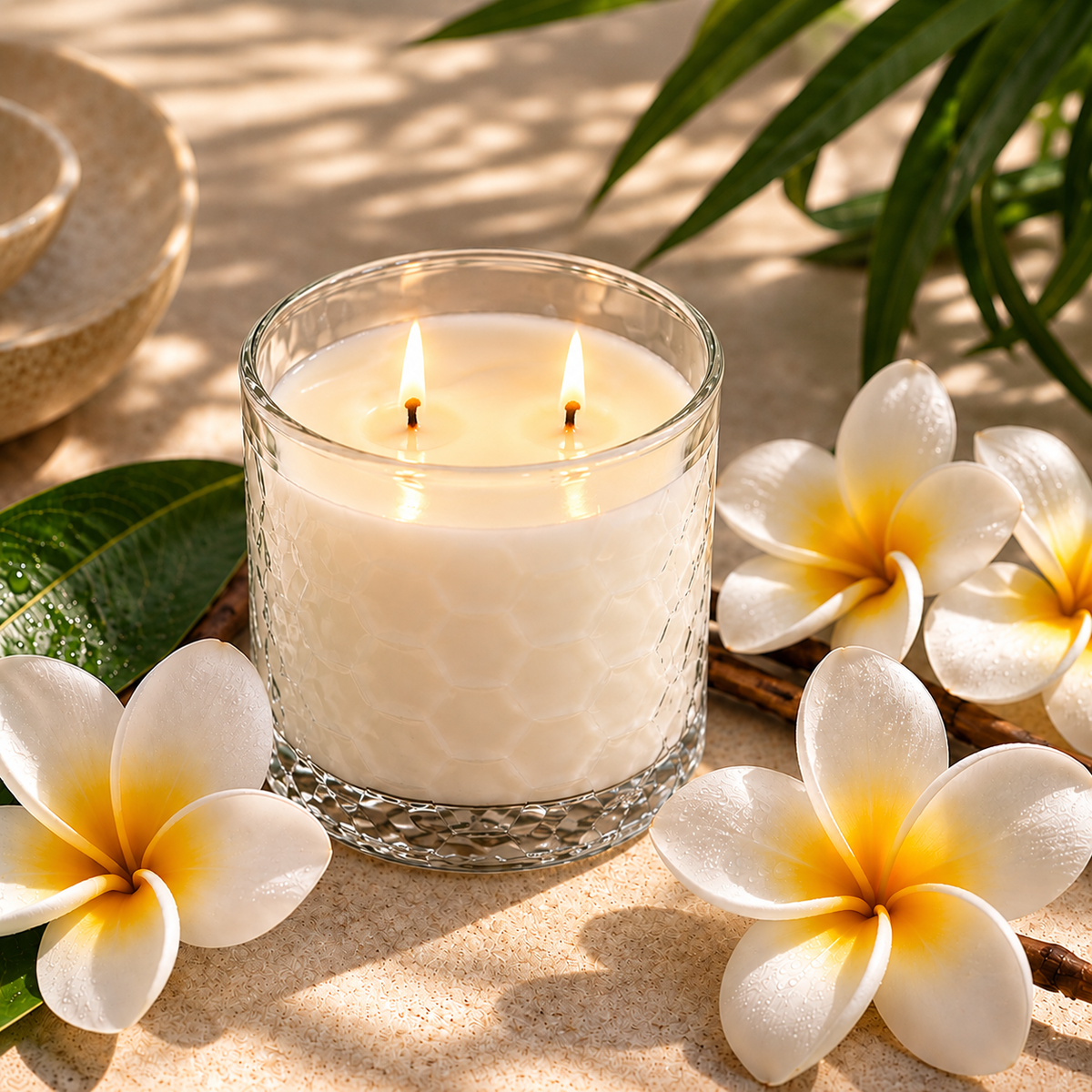 Plumeria Whisper HexaGlow candle with yellow plumeria flowers in a warm sunlit setting