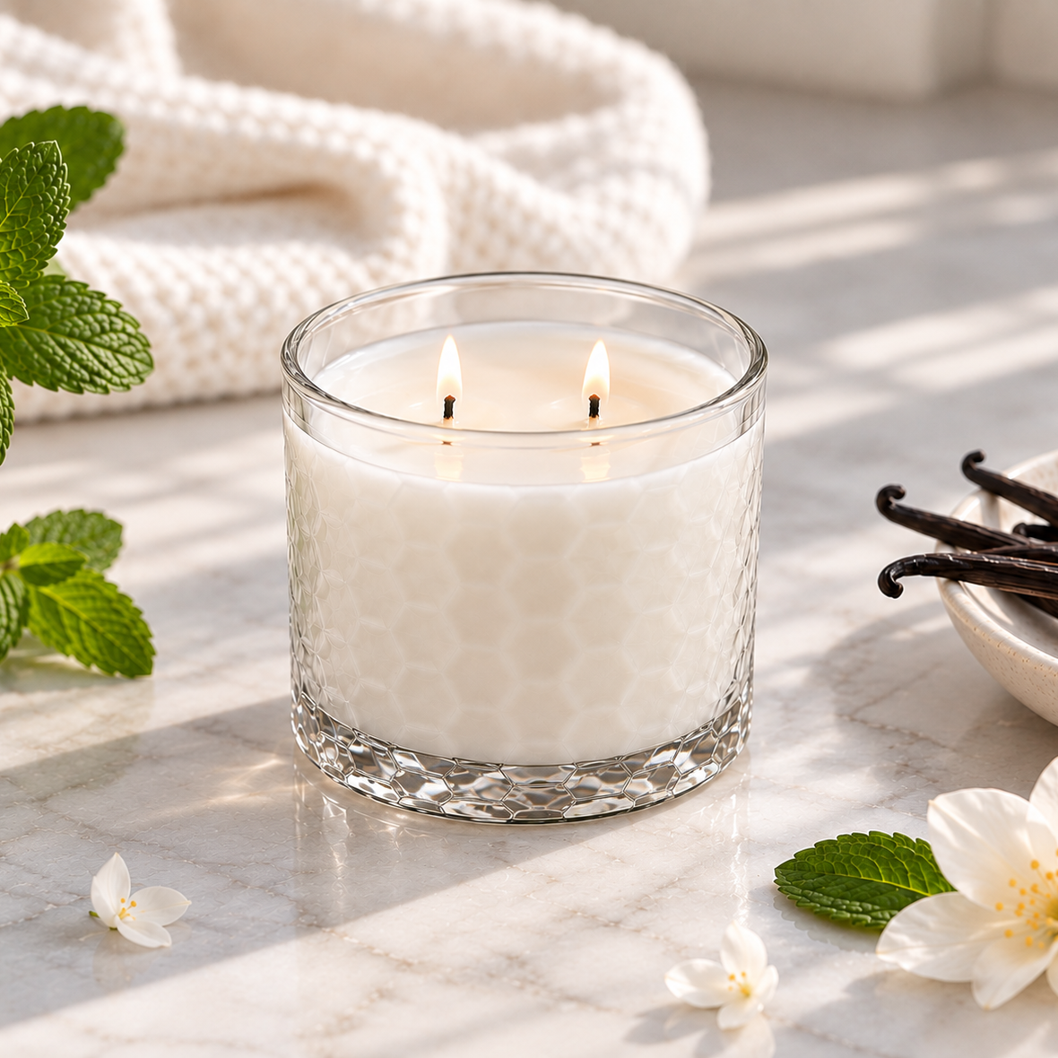 Minted Vanille HexaGlow candle with fresh mint leaves, vanilla beans and white blossoms
