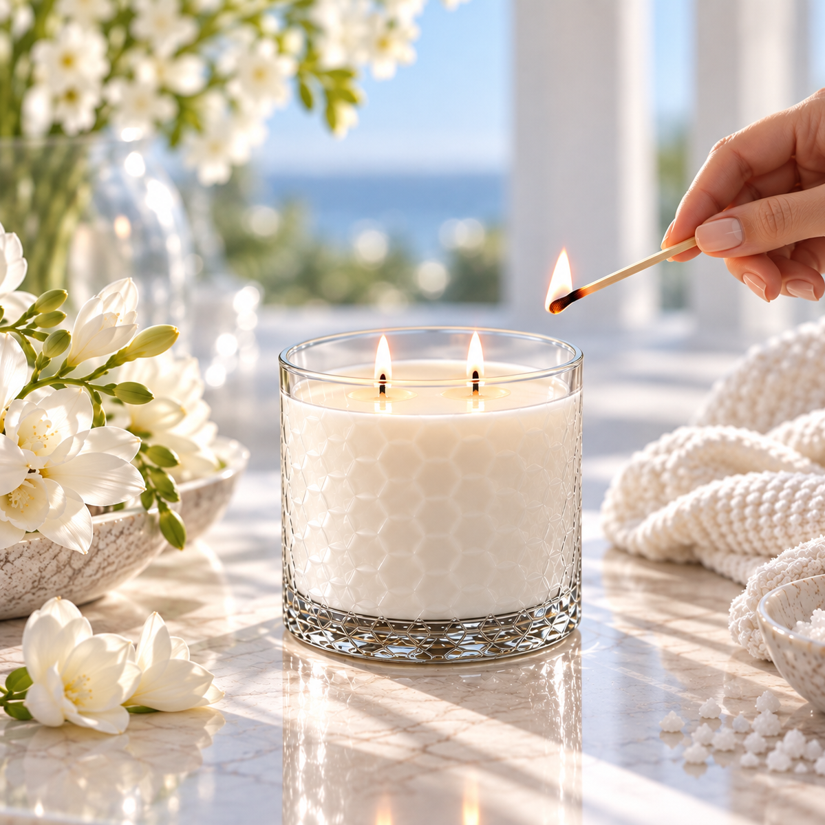 White Mist HexaGlow candle being lit beside white blossoms in a bright coastal setting