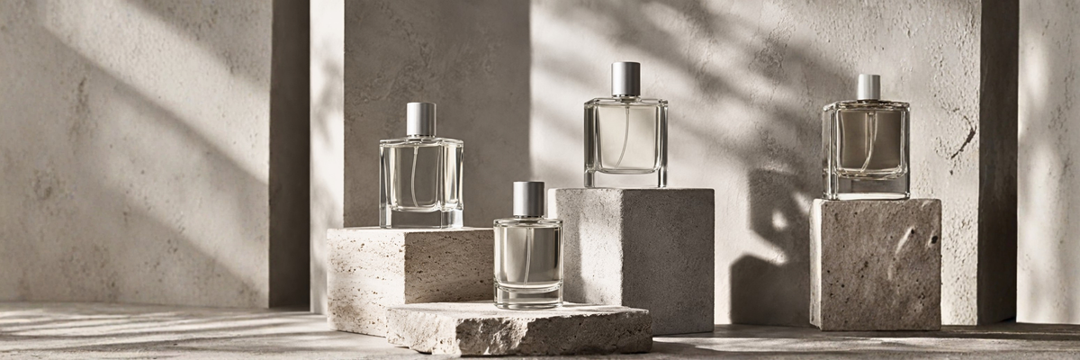 Set of perfume bottles on a concrete surface with a neutral background
