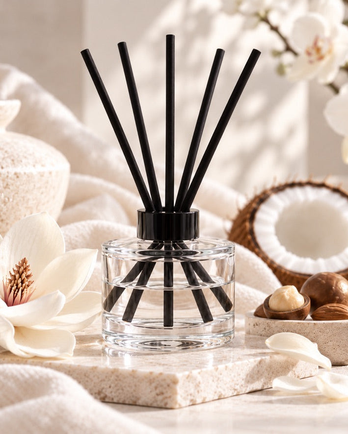 A clear glass reed diffuser bottle with black reeds and a black cap, styled on a stone slab with white flowers, a coconut half, and beige fabric in a bright, warm setting.
