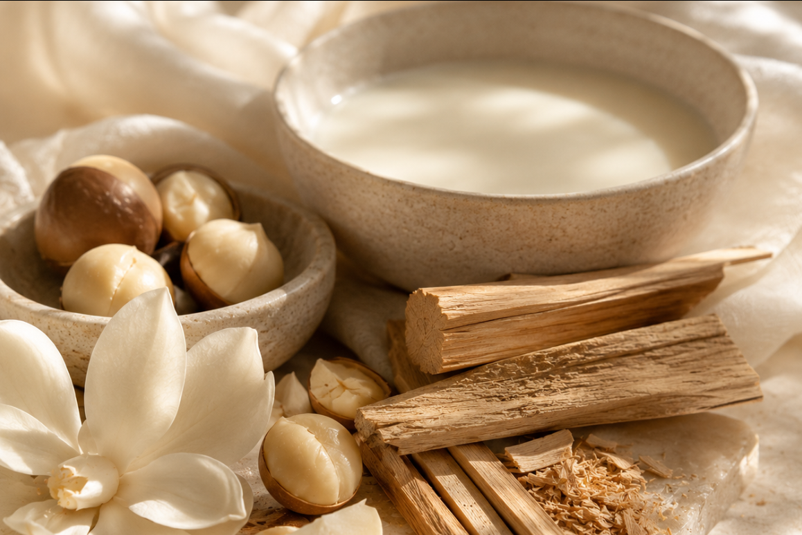 A ceramic bowl filled with a creamy off-white liquid, styled with a smaller bowl of whole and peeled nuts, wooden bark pieces, wood shavings, and a white flower on draped cream fabric.