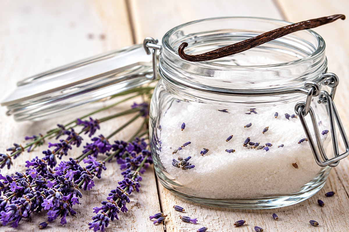 A clear glass clamp-lid jar filled with white bath salts or sugar, topped with a vanilla bean, set on a light wood surface with lavender sprigs nearby.