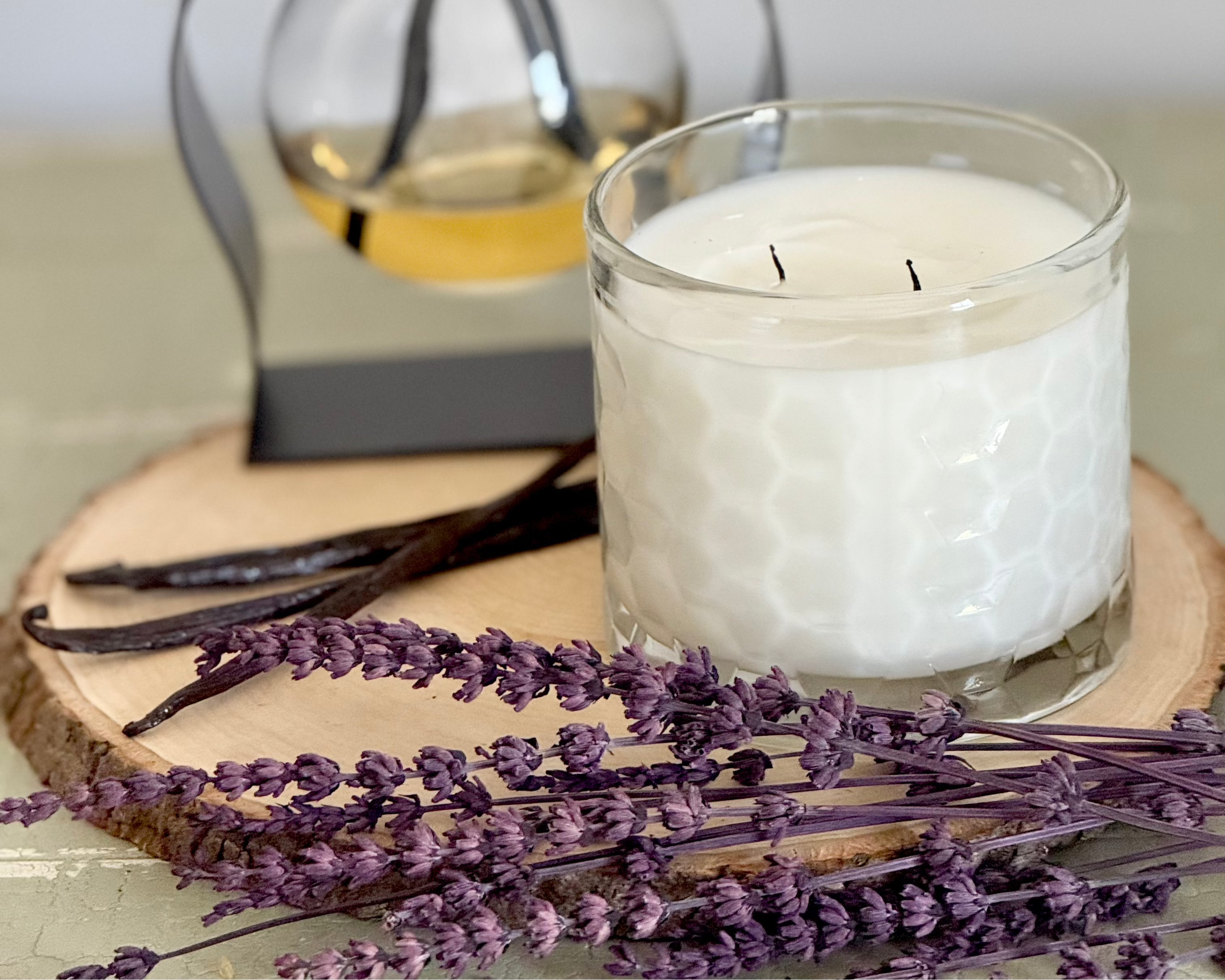 HexaGlow Candle - Lavender & Vanilla Bliss scent, front view with hexagon design