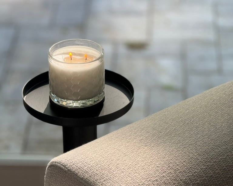 HexaGlow Candle - Amber Coast scent, front view with hexagon design