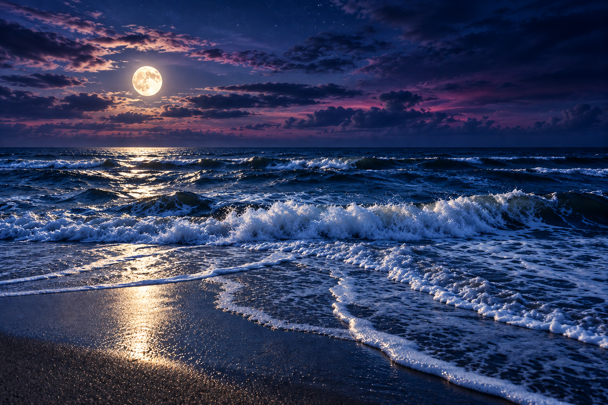 A dramatic seascape at dusk or dawn with dark blue and purple sky, a bright full moon, glowing reflected light on the water, and foamy waves washing onto a sandy shore.