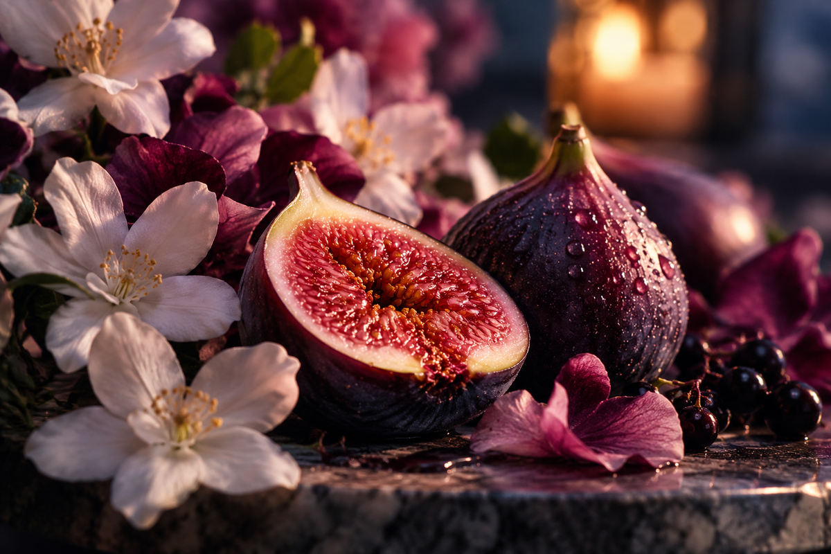 A close-up still life of fresh figs and white blossoms on a stone surface, with one fig cut in half to show the pink-red interior. The scene is softly lit with warm blurred lights in the background.