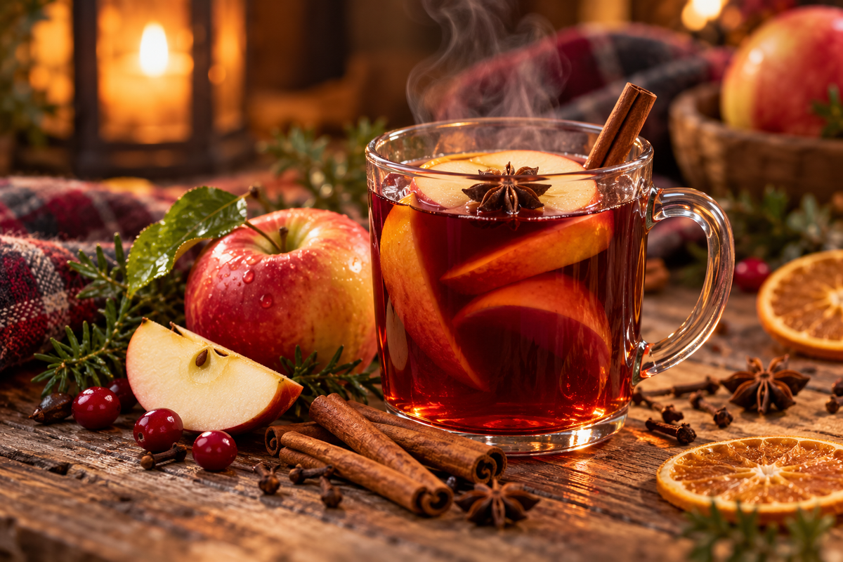 A clear glass mug filled with a steaming hot spiced apple drink, garnished with a star anise and cinnamon stick, set on a rustic wooden table with whole and sliced apples, cranberries, cinnamon sticks, star anise, orange slices, and a plaid blanket in a warm, cozy setting.