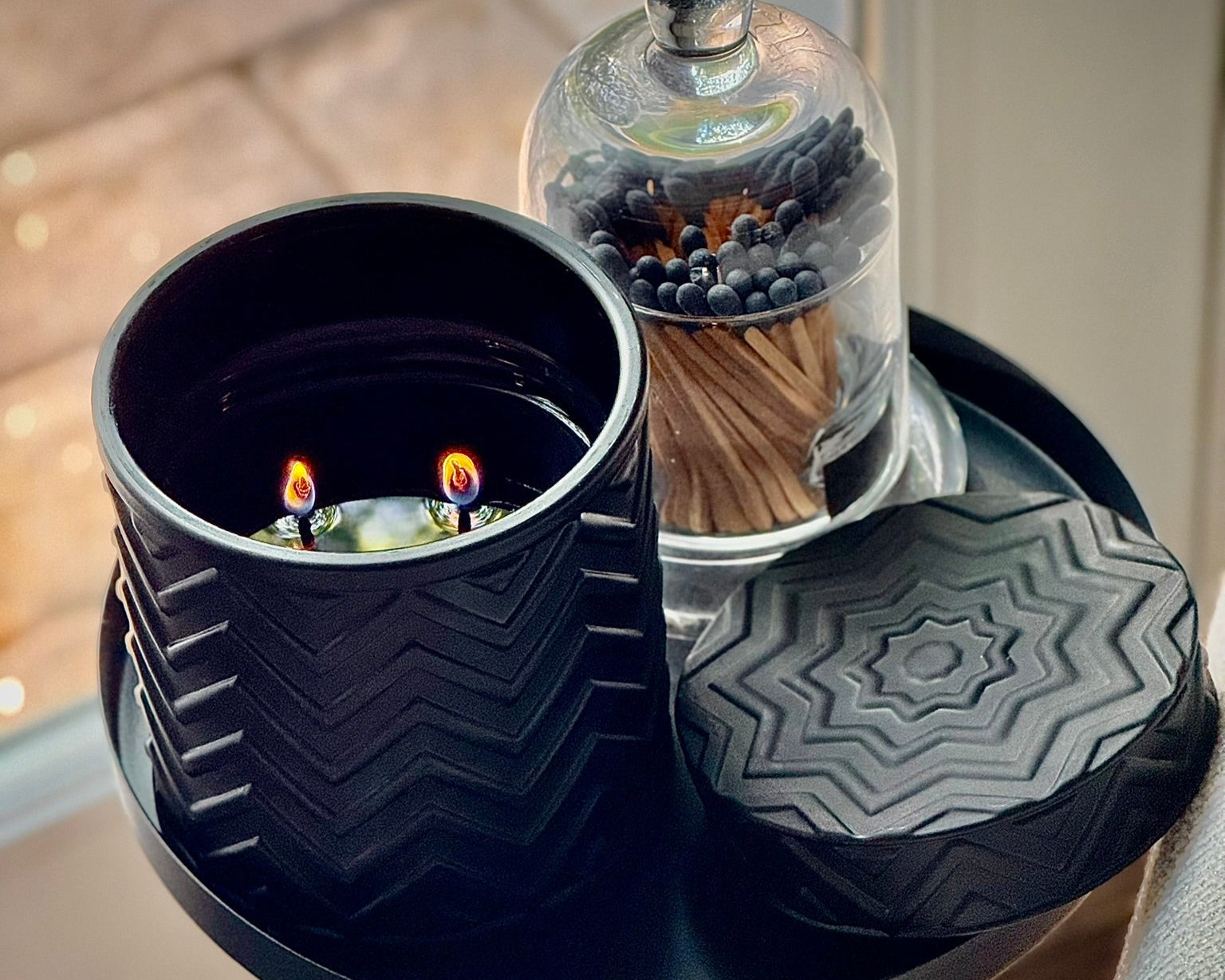 Onyx Moon Candle – Midnight Waves, front view with dark onyx vessel