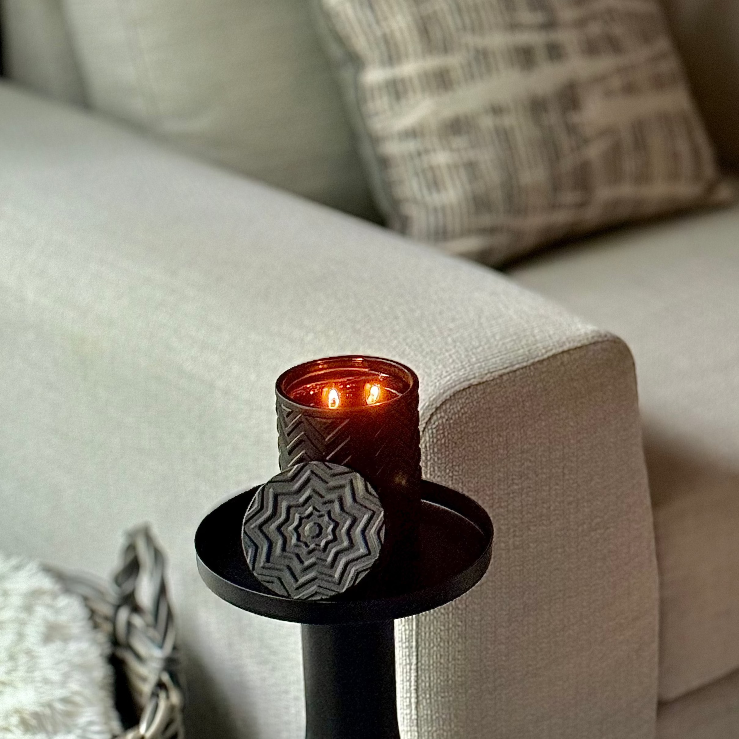 Onyx Moon Candle – Moonlit Fig, angled view showing vessel texture