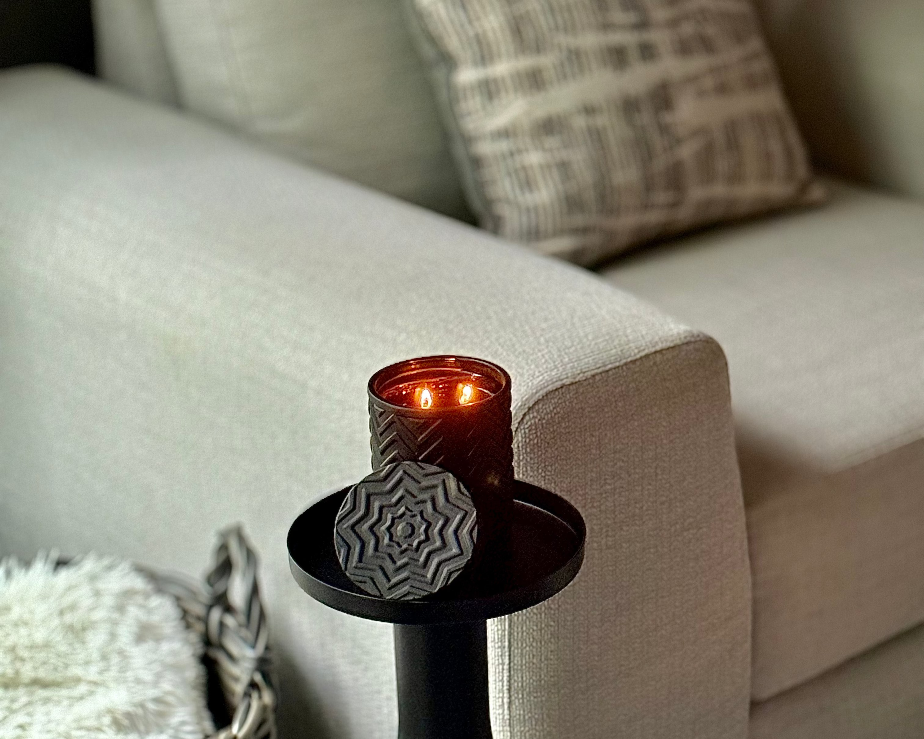 Onyx Moon Candle – Moonlit Fig, angled view showing vessel texture