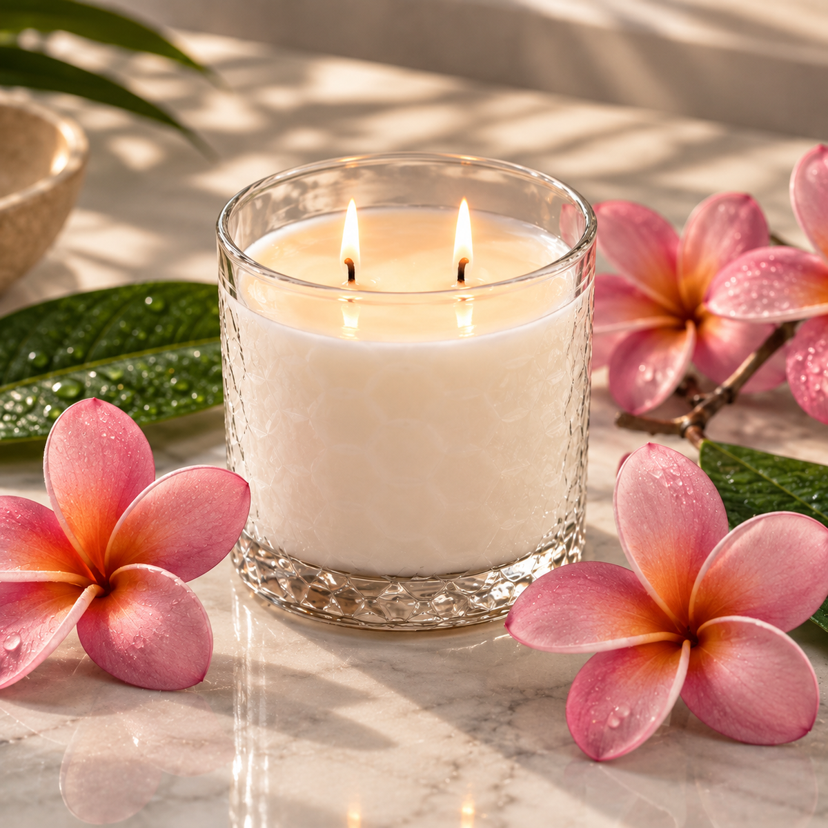 Plumeria Whisper HexaGlow candle with pink plumeria flowers in a warm sunlit setting