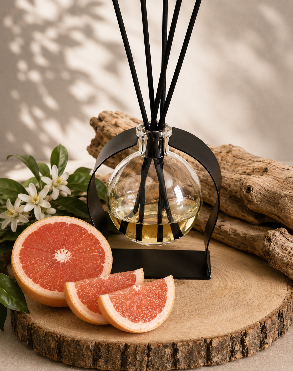 A glass reed diffuser bottle with black reeds and a black metal band, styled on a wood slice with grapefruit slices, white flowers, driftwood, and a soft neutral background.