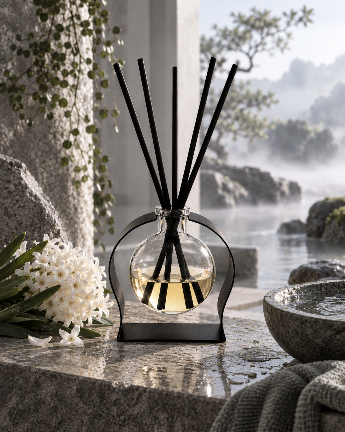 A reed diffuser with a clear glass round bottle, pale golden liquid, and six black reeds, set in a black metal stand on a stone surface with white flowers and a spa-like outdoor background.