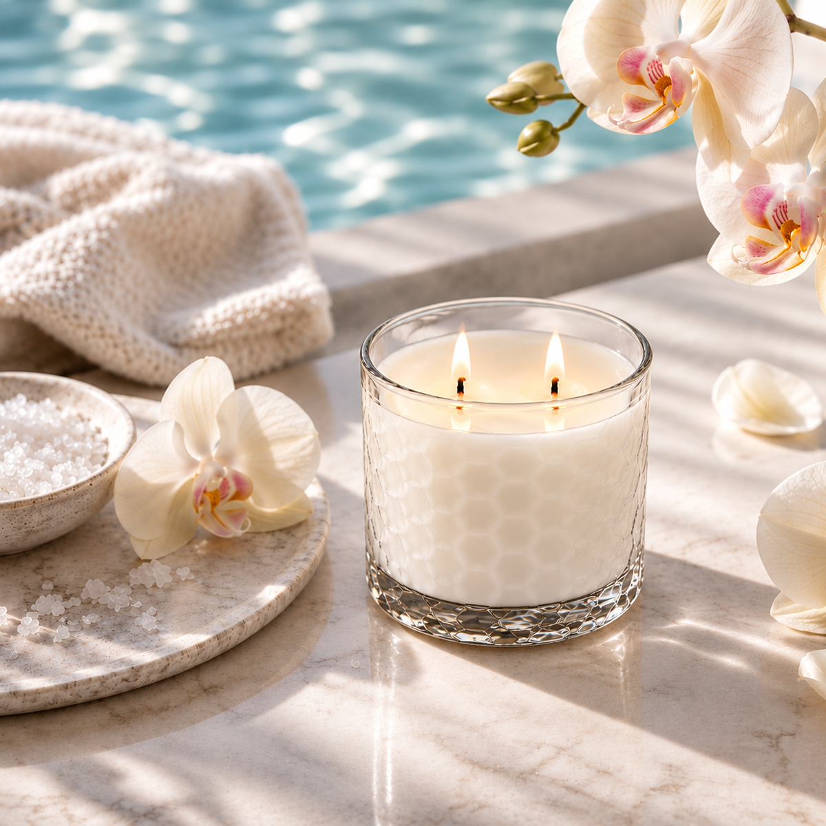 Salted Orchid HexaGlow candle with pink orchids and sea salt.