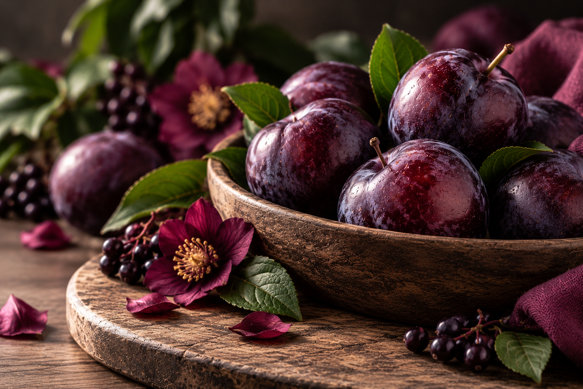 A wooden bowl filled with dark purple plums, green leaves, and burgundy flowers on a rustic wooden board, with additional plums and berries scattered around on a dark table.
