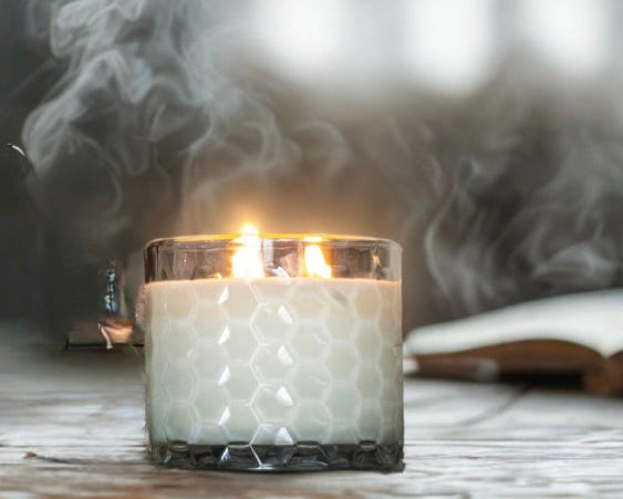 HexaGlow Candle - Amber Coast, side angle showing modern hexagonal vessel