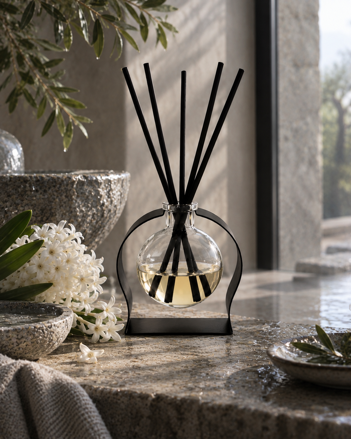 A reed diffuser with a clear glass bottle, pale golden liquid, and black reeds, displayed on a stone surface with decorative white flowers and greenery in a softly lit interior setting.