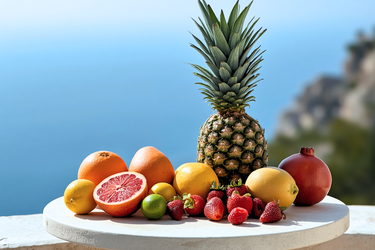 Assorted fruits including a pineapple, oranges, lemons, grapefruits, pears, and strawberries on a stone ledge with a scenic background.