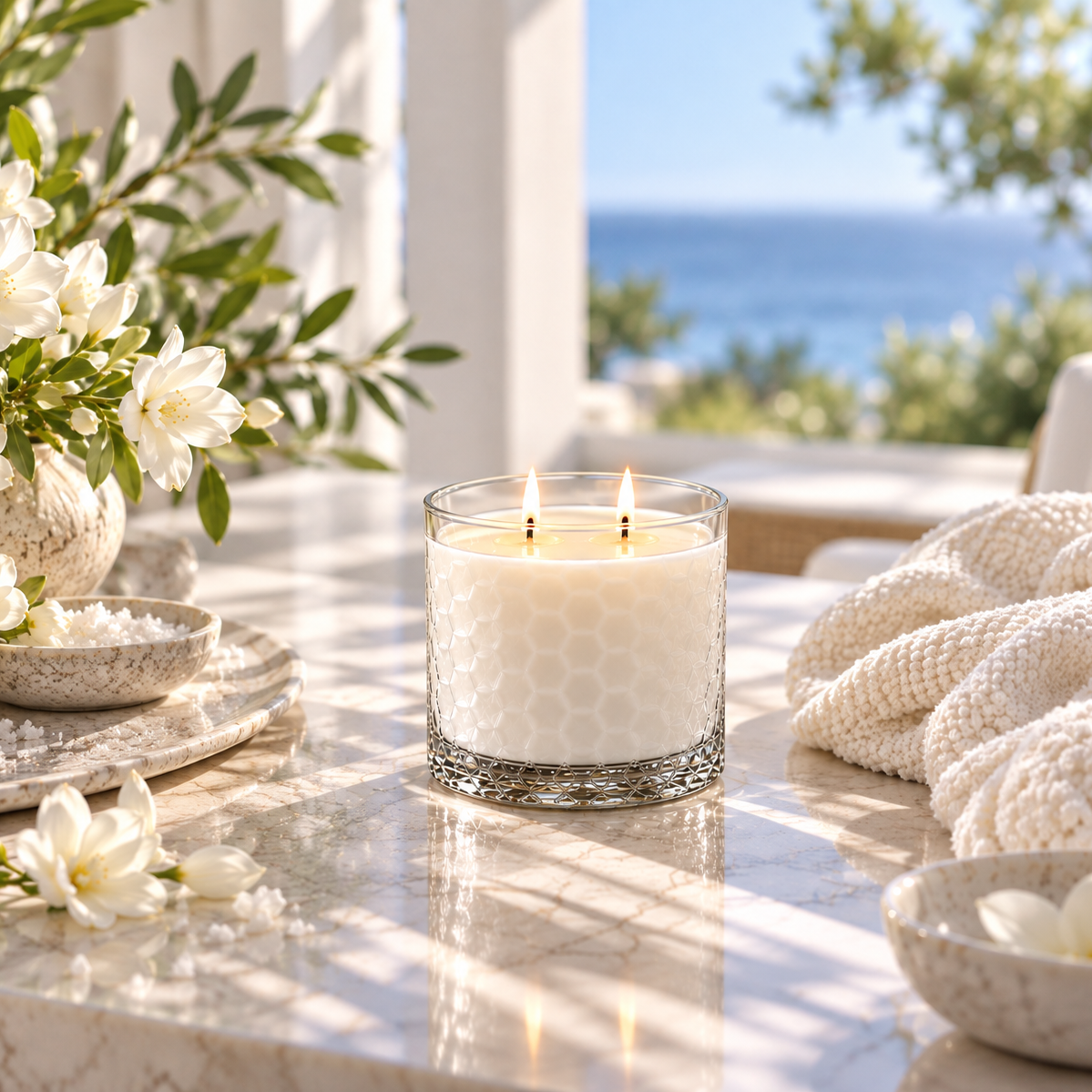 White Mist HexaGlow candle with white blossoms in a bright coastal setting