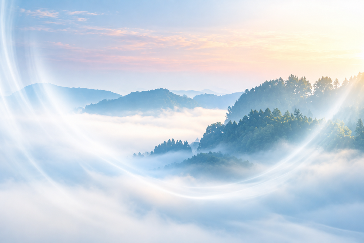 Soft white mist drifting through a peaceful blue-green forest landscape