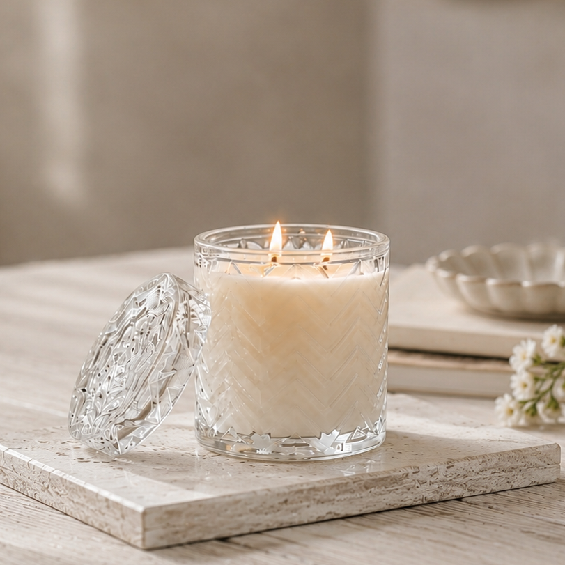 A lit double-wick scented candle in a clear textured glass jar sits on a stone tray on a wooden table, with a matching glass lid leaning beside it and soft-focus decor in the background.